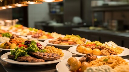 Food Service Concept with Assorted Dishes in Restaurant Kitchen