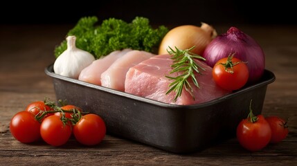 A tray of fresh raw meat vegetables and herbs arranged on a rustic wooden table ready for cooking