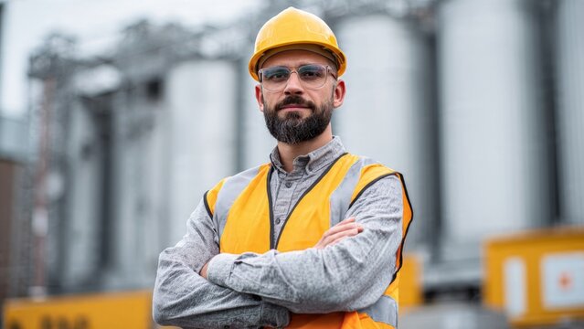 Confident engineer portrait in industrial setting daylight environment professional attitude