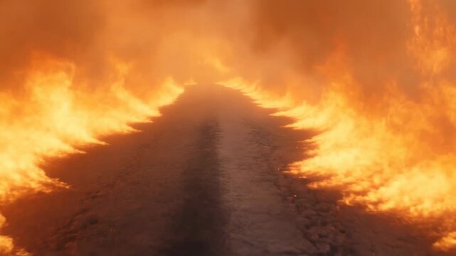 Intense forest fire blazing through woodland pathway in full motion