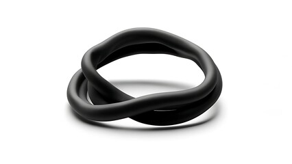 Naklejka premium A twisted, smooth, matte black circular form against a plain white background, casting a soft shadow. The form is curved and overlapping