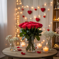 "Valentine's Bouquet of Red Roses in Glass Vase with Candles, Fairy Lights and Heart Decorations &mdash; Romantic Home Table Centerpiece"