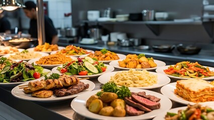 Professional Catering Kitchen with Assorted Food Plates