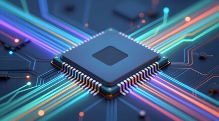 Macro shot of a microchip showing illuminated pathways and a central processing unit