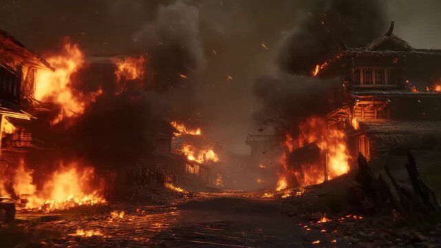 Intense village fire ravages wooden buildings amid thick smoke and fiery glow