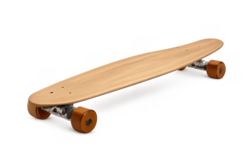 Wooden longboard skateboard with orange wheels, urban street sport equipment, isolated on transparent background