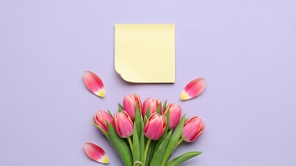 Beautiful pink tulips with blank sticky note on purple background