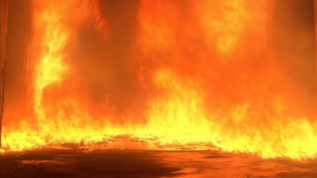 Intense wall of flames engulfing a wooden structure in rapid succession