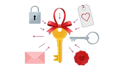 Key to Heart: A symbolic composition of a key, padlock, message, and love, with a red bow. It invites viewers to explore the emotional connection and secrets
