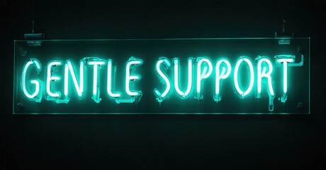 Obraz premium Bright neon sign displays words Gentle Support. Dark background emphasizes glowing turquoise lettering. Simple, modern design.