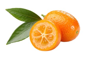 Freshly cut orange with leaves isolated on white background