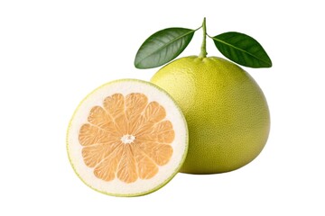 Freshly cut pomelo display isolated on white background