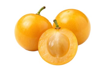 Three apricots, one cut open isolated on white background