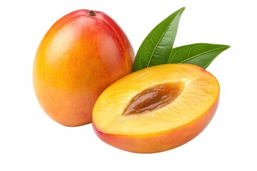 Freshly cut mango with leaf isolated on white background