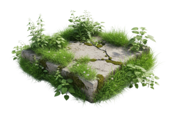 Nature's resilience overgrown stone pathway in lush green grass isolated on transparent background