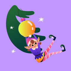 Christmas elf with spruce branch, tree decoration and stars. Santa Claus helper. Festive elf isolated on purple background. Vector illustration.