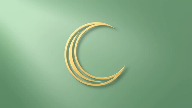 Elegant golden crescent moon icon, a graceful celestial symbol in a stylized layered design set against a serene green backdrop with subtle lighting, ideal for spiritual and decorative themes