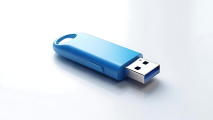 A vibrant blue, rectangular data storage device rests on a white, reflective surface, showcasing its USB port