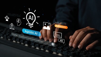 Hands typing on a keyboard with digital graphics depicting AI concepts, innovative technology, and user interaction in a modern workspace environment Gluon.