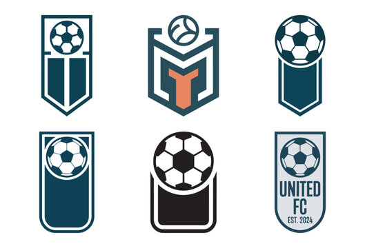 Set of six modern soccer emblem designs featuring shields and footballs for sports branding