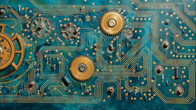 Mechanical engineering and electronics fusion with rusty cogwheels on a circuit pattern