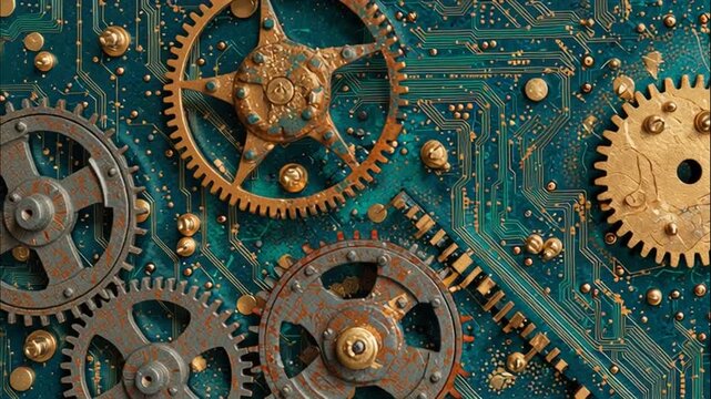 Steampunk background with brass gears and mechanical parts over a blue circuit board