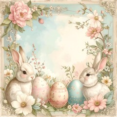 Easter Bunny Rabbits with Eggs and Flowers.