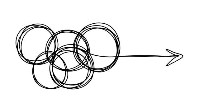 Hand-drawn scribble cluster of overlapping circles with a rightward arrow, minimalist motion graphic representing progress, direction, and momentum