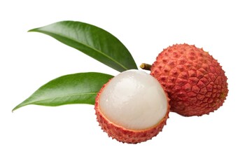 Fresh lychee fruits with leaves isolated on white background