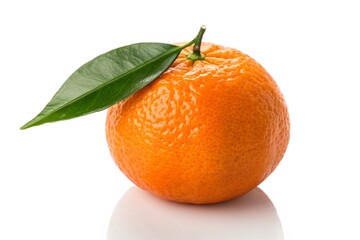Single orange with leaf isolated on white background
