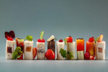 Exquisite line of vibrant mini gourmet appetizers and desserts artfully arranged for a sophisticated party or catered event