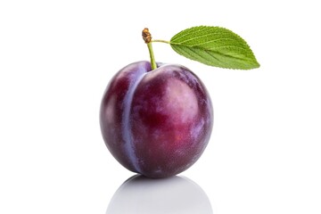 Single plum with green leaf isolated on white background