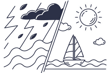 Split scene illustration showing a stormy sea with lightning and rain contrasted with a sunny day with a sailboat