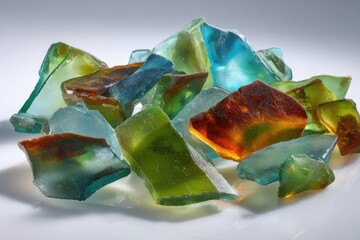 Vibrant, Jagged Shards of Multicolored Glass Scattered on a Surface