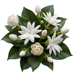 White flowers bouquet with green leaves on white background
