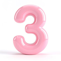 Pink glossy 3D number three isolated on white background