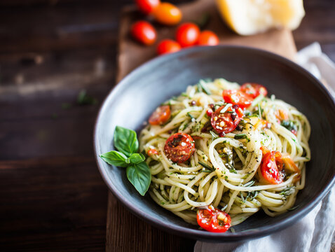 spaghetti with tomatoes, basil, pesto and cheese