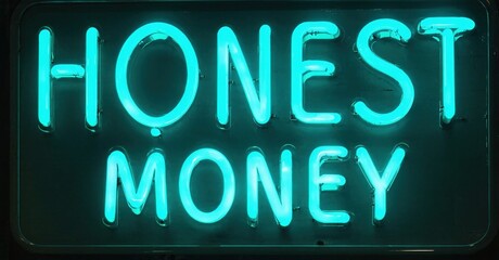 Bright neon sign displays words honest money. Turquoise glow contrasts dark background. Simple, direct message presented visually.