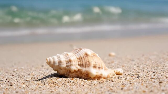 A beautiful spiral seashell rests gently on warm, golden sand near the ocean waves.