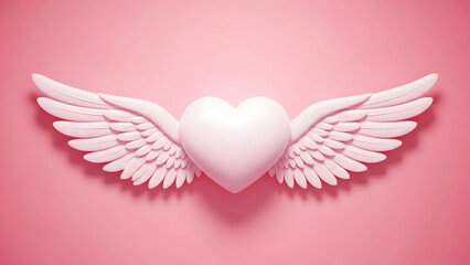 Fototapeta premium Happy valentine's day wishes with angelic white heart wings on pink background