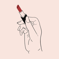 A hand holds red lipstick. Decorative cosmetic. Makeup and beauty. Hand drawn. Isolated vector illustration.