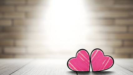 Happy valentine day twin hearts love symbol on wooden floor with brick wall background