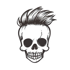 Fototapeta premium Hand drawn skull with mohawk hairstyle punk rock style detailed black and white line art illustration isolated on white background vector design