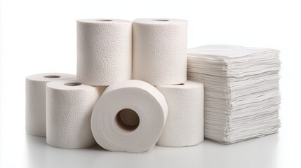 Toilet paper rolls and paper towels. Neat arrangement of white embossed toilet tissue rolls with a tall stack of folded paper towels on white background, hygiene and household supplies concept.