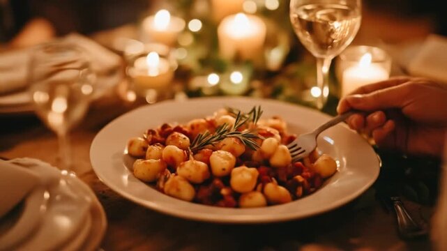 Gourmet meal on a plate with fork candles and glasses close up view