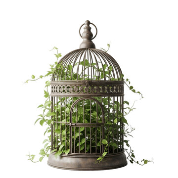 Old metal birdcage with green plants inside on white background