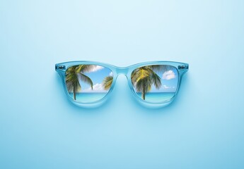Blue sunglasses with tropical island reflection on light background, holiday mood