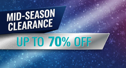 Promotional image with text "Mid-Season Clearance Up to 70% Off", against a blue gradient background with snowflake, showcasing sale event or discount offer