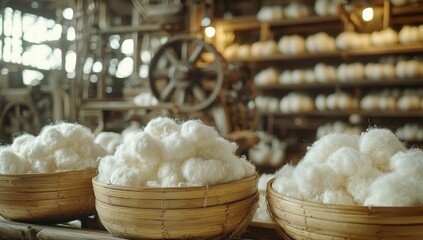 Cotton sits in baskets inside a textile factory with machinery and shelves in the background during daylight hours