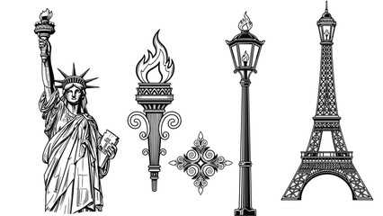 Famous world monuments illustration set, Statue of Liberty, Eiffel Tower, vintage street lamp, torch icon, black white vector art design © MDKANAL